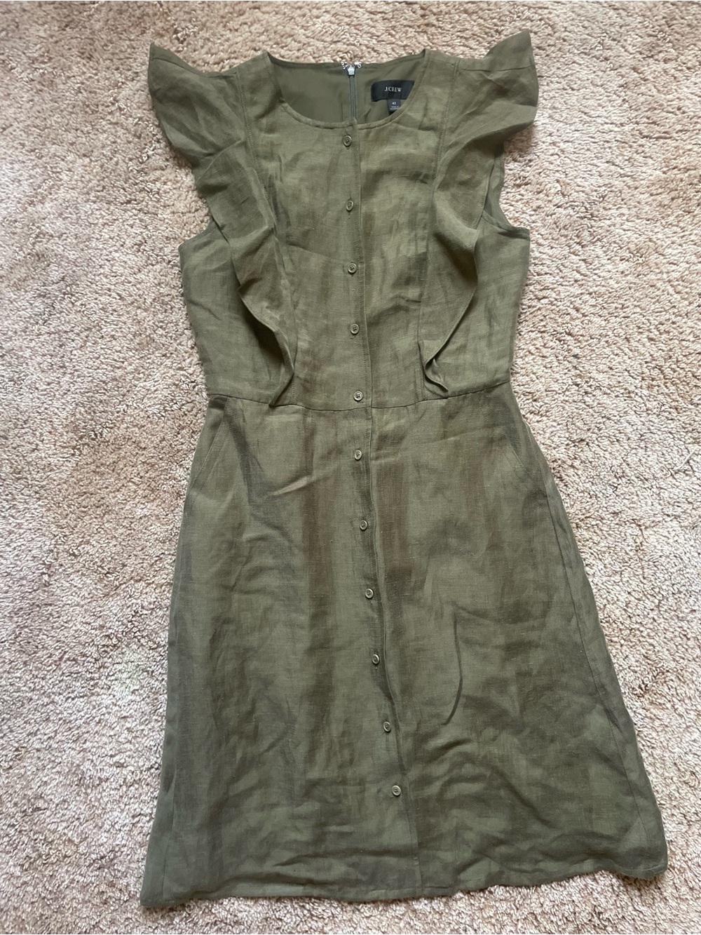 J. Crew Olive Green Ruffle Sleeve Linen Summer Midi Dress Women’s Size 4 Tall